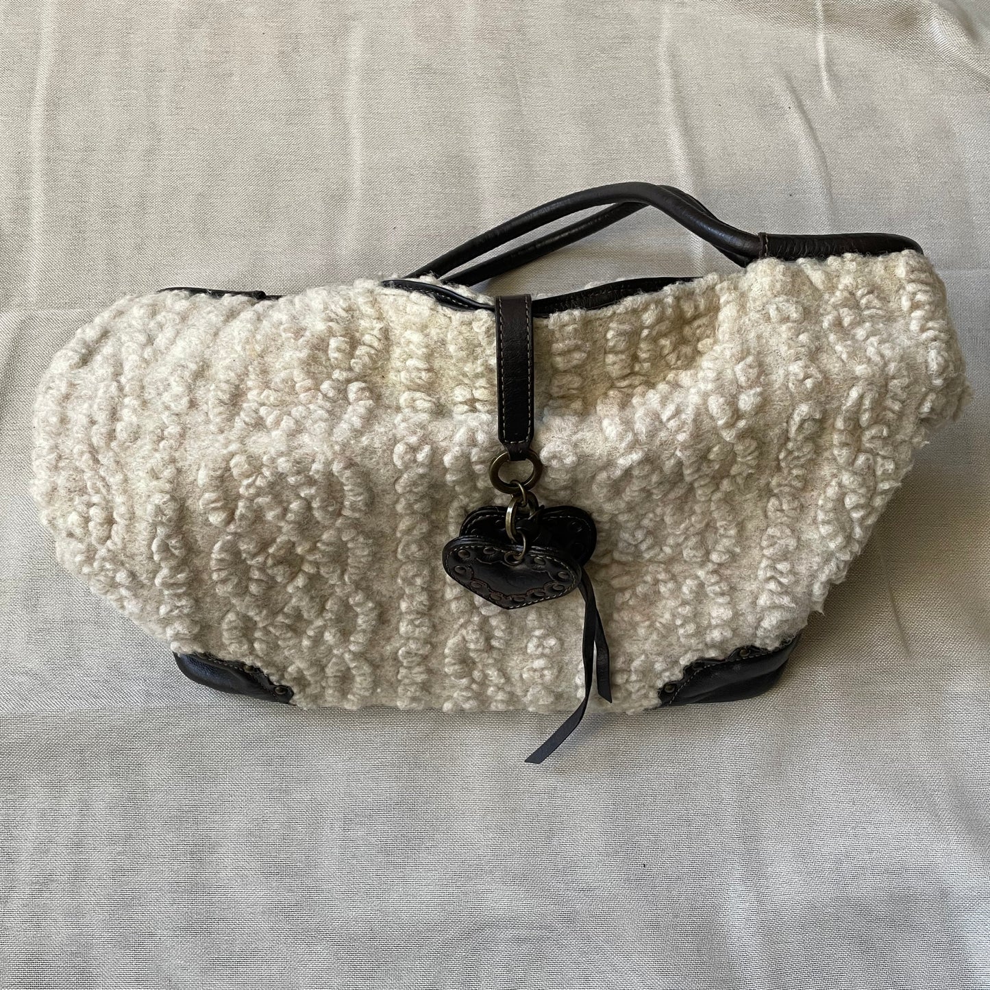 coquette boho roberto gandolfi cream mouton wool dark brown leather puff heart charm shoulder bag