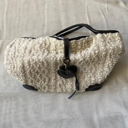 coquette boho roberto gandolfi cream mouton wool dark brown leather puff heart charm shoulder bag