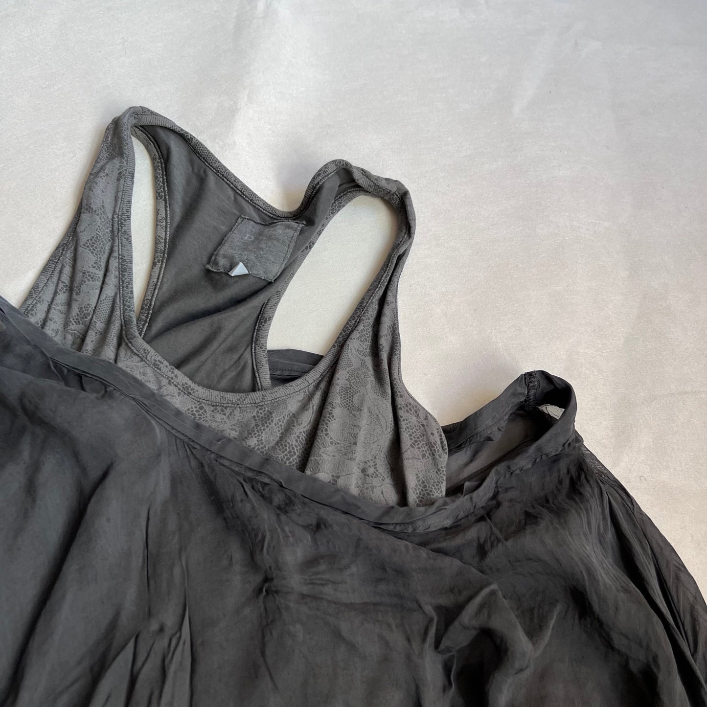 vintage deha silk grey lacey tank top and off the shoulder long sleeve layered top