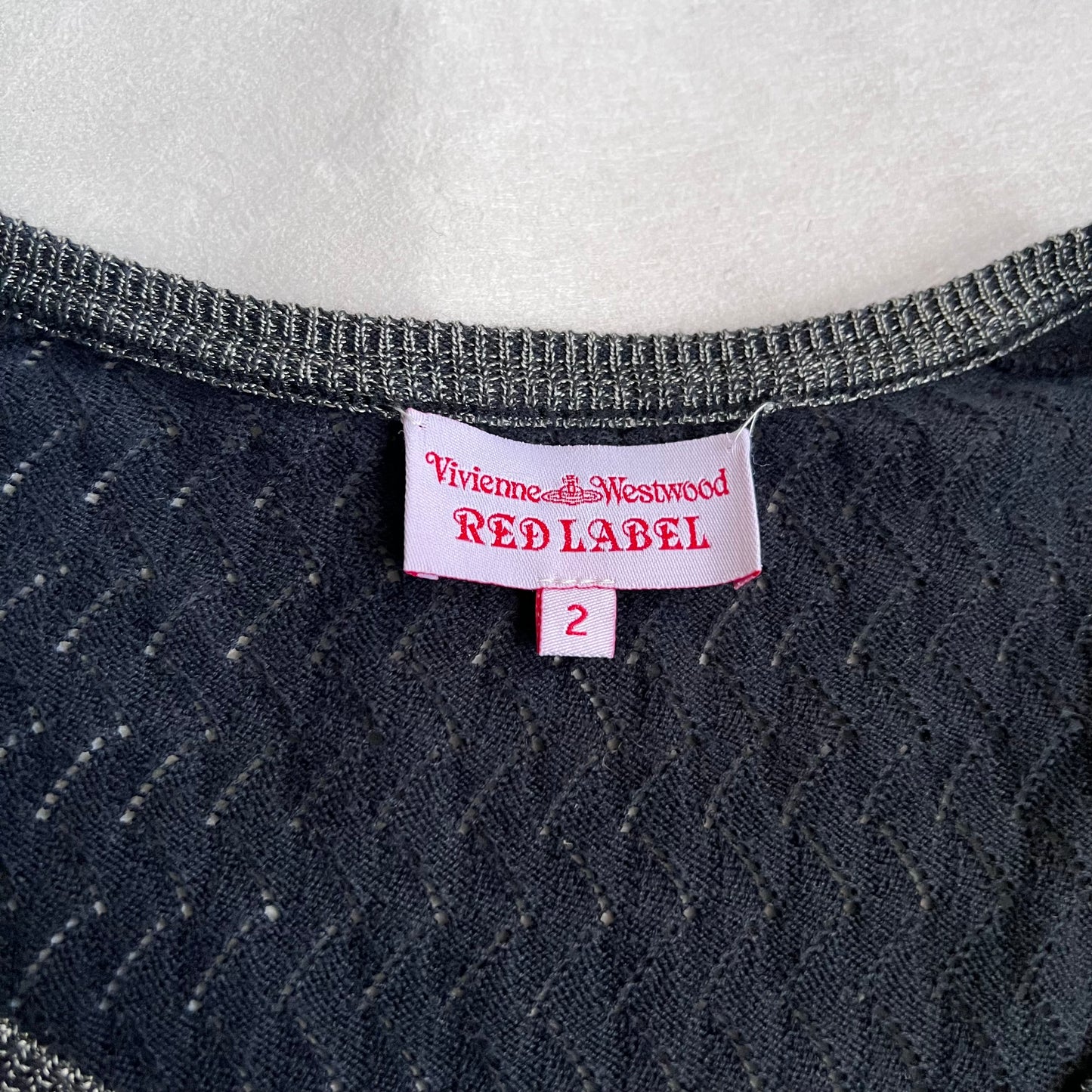 vivienne westwood red label navy grey lacey pointelle contrast long sleeve cinched waist cardigan