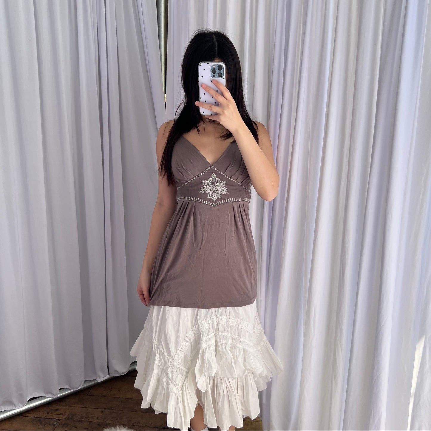 Camieu Boho Brown Floral Embroidery V Neck Camisole