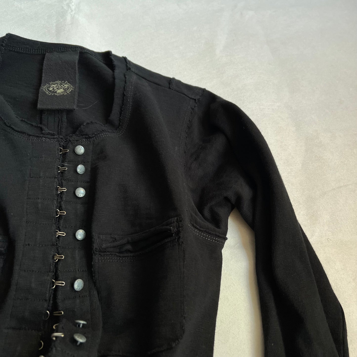 marithe francois girbaud corpcore black hook and eye silver button long sleeve jacket