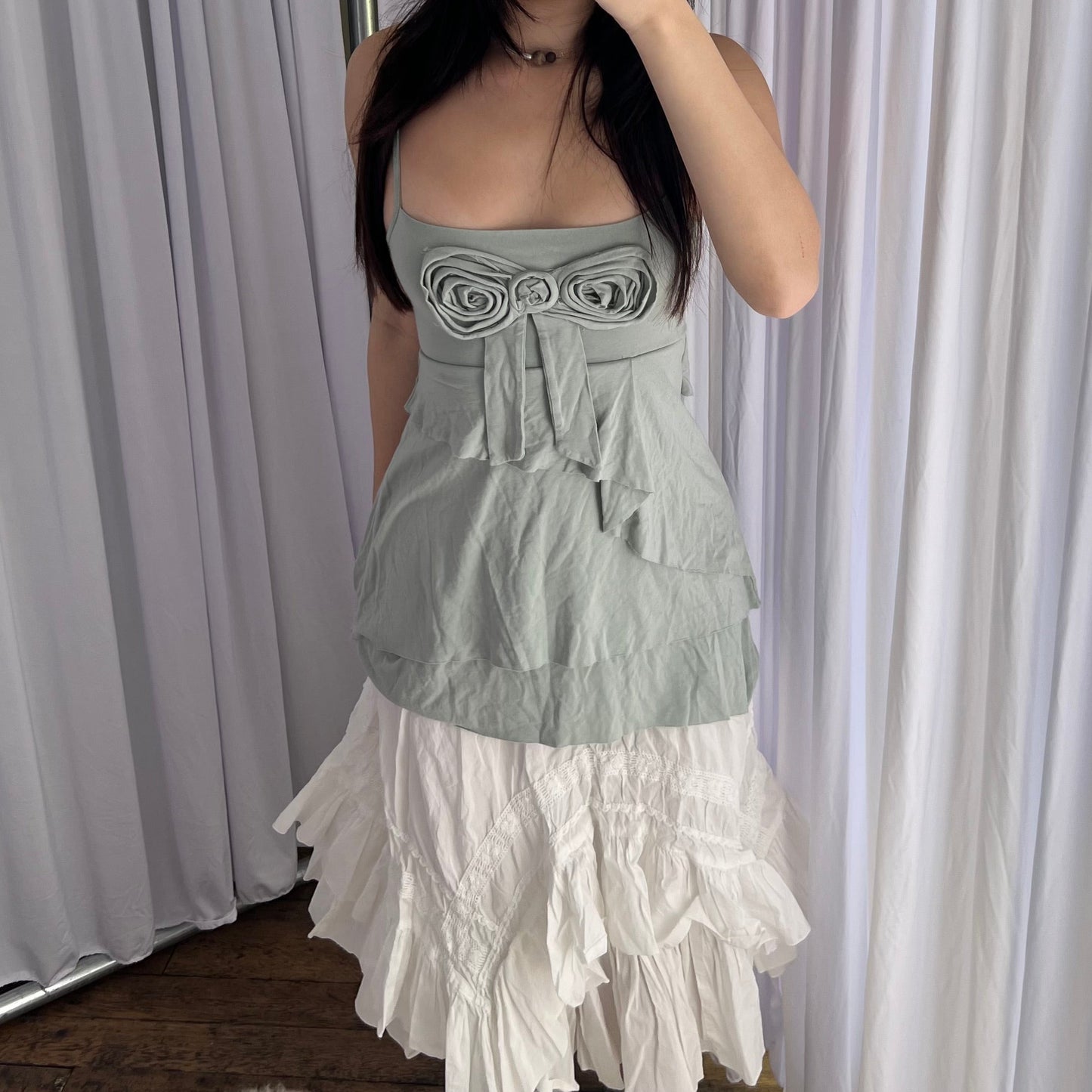 Muted Turquoise Blue Rosette Bow Tiered Ruffle Twinset Camisole
