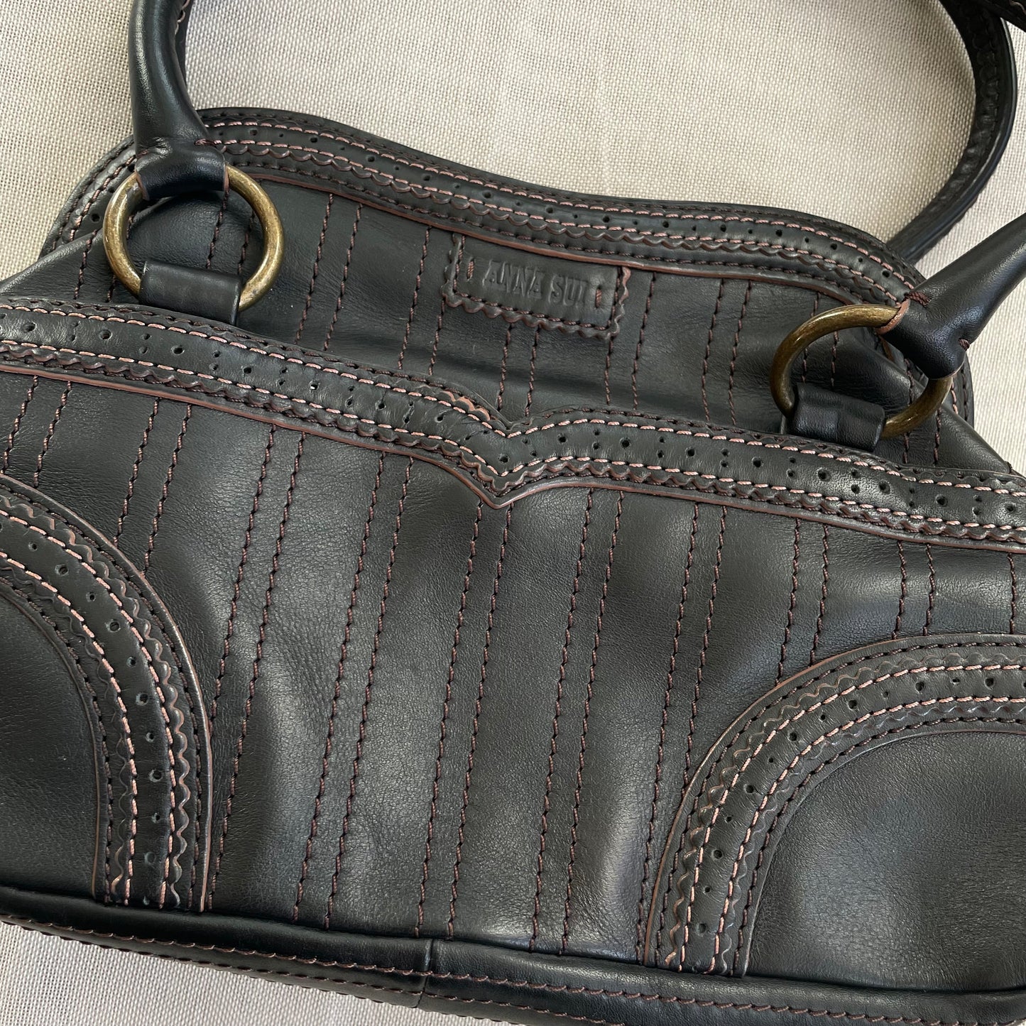 balletcore black leather anna sui panelled curved shoulder bag