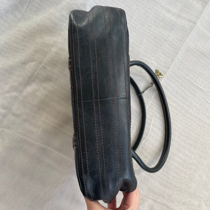 balletcore black leather anna sui panelled curved shoulder bag