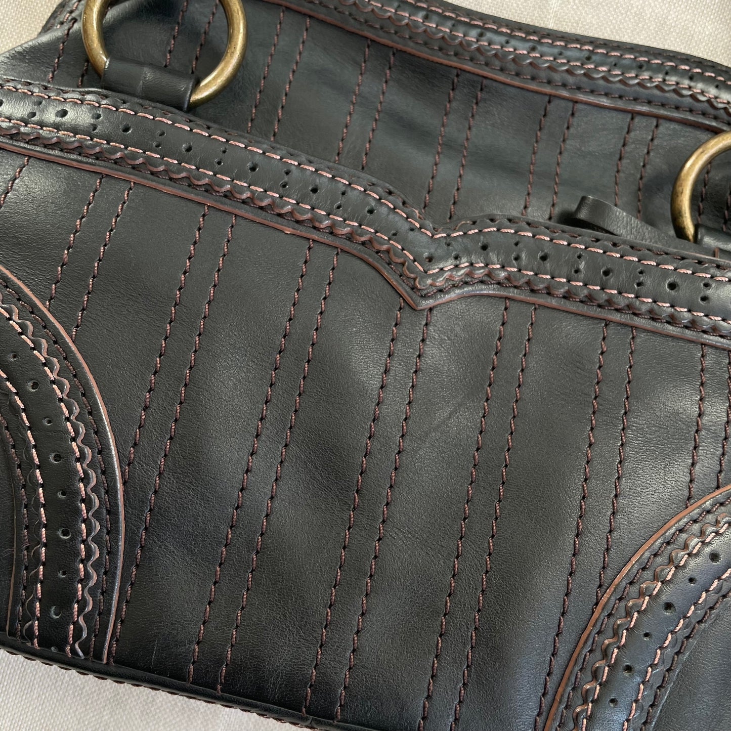 balletcore black leather anna sui panelled curved shoulder bag