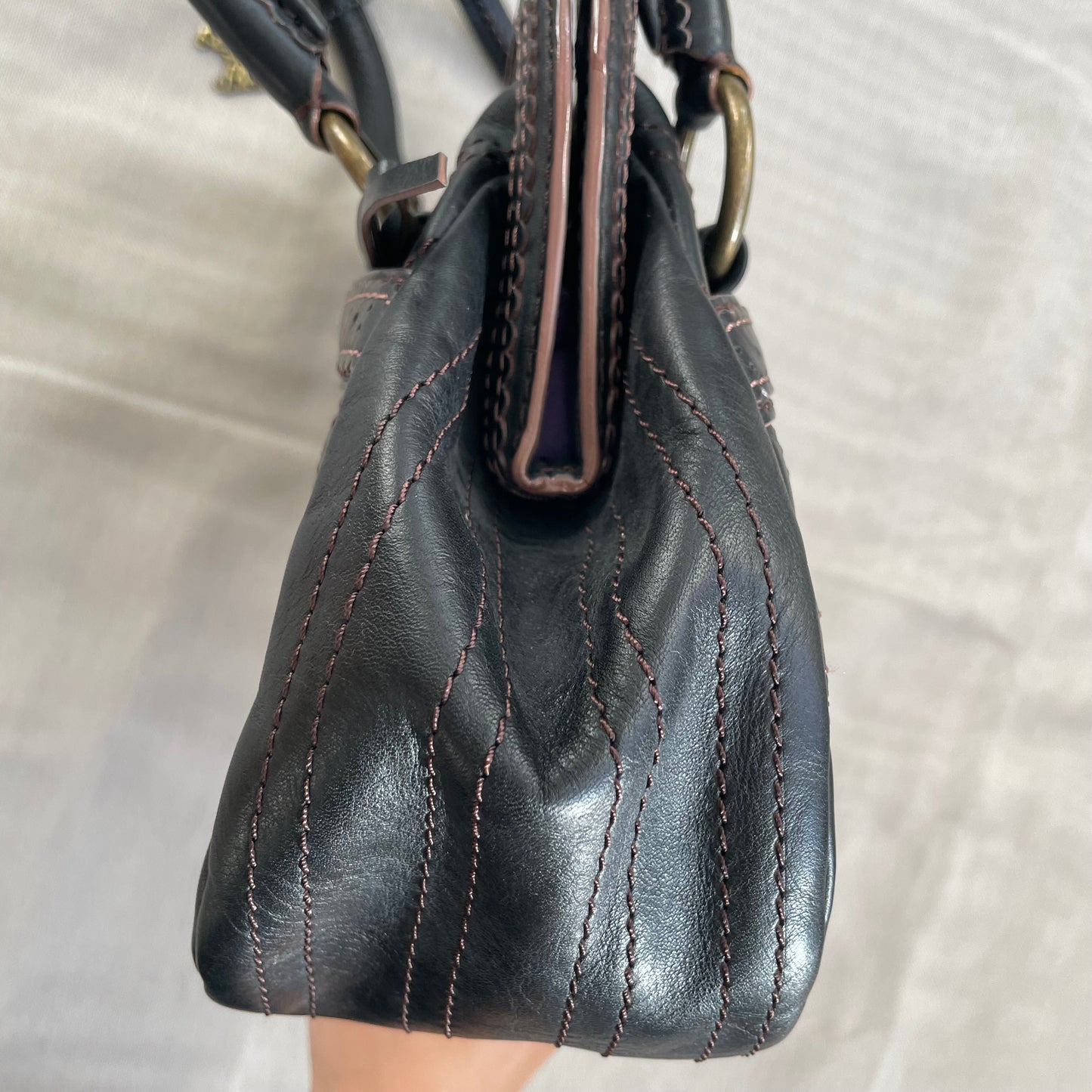 balletcore black leather anna sui panelled curved shoulder bag