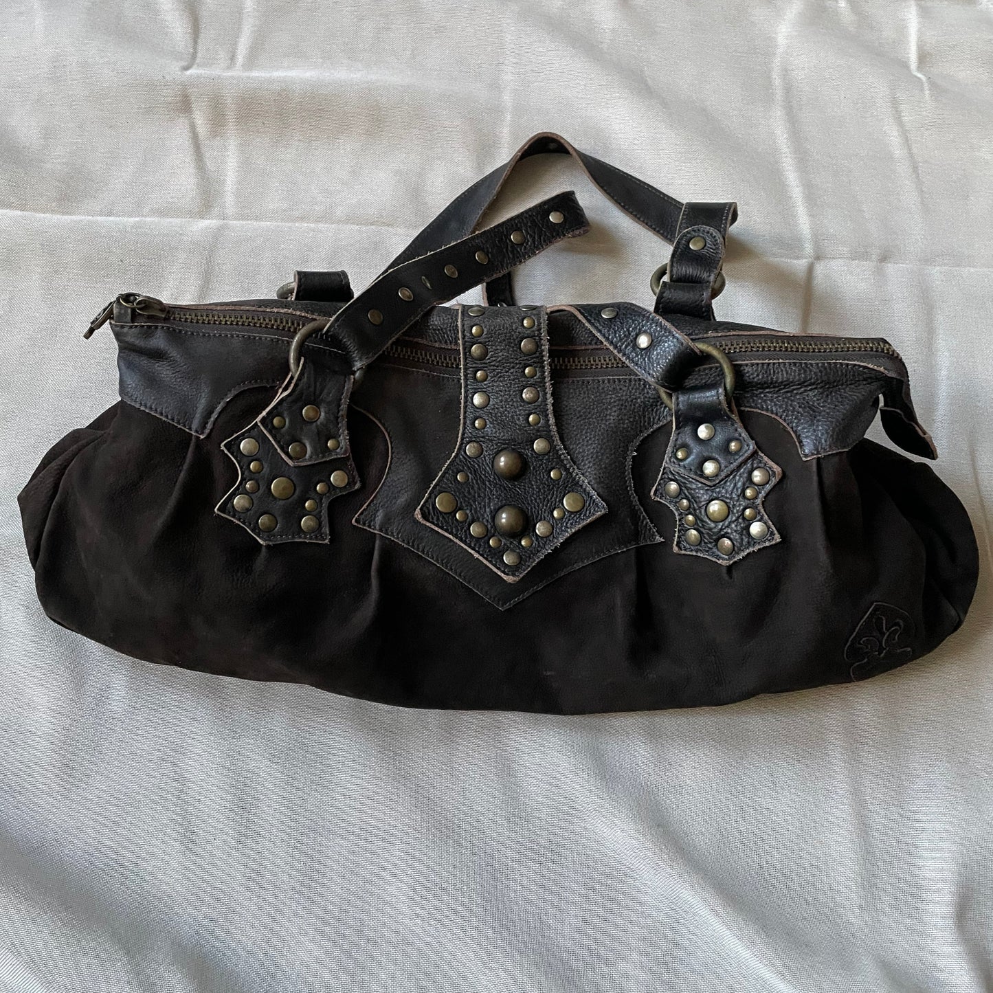 western grunge vintage nine lives brown suede leather studded shoulder bag