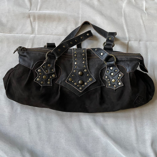 western grunge vintage nine lives brown suede leather studded shoulder bag