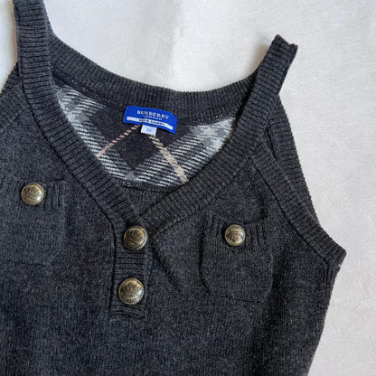 dark grey preppy fitted wool burberry blue label knit vest with brass button accents