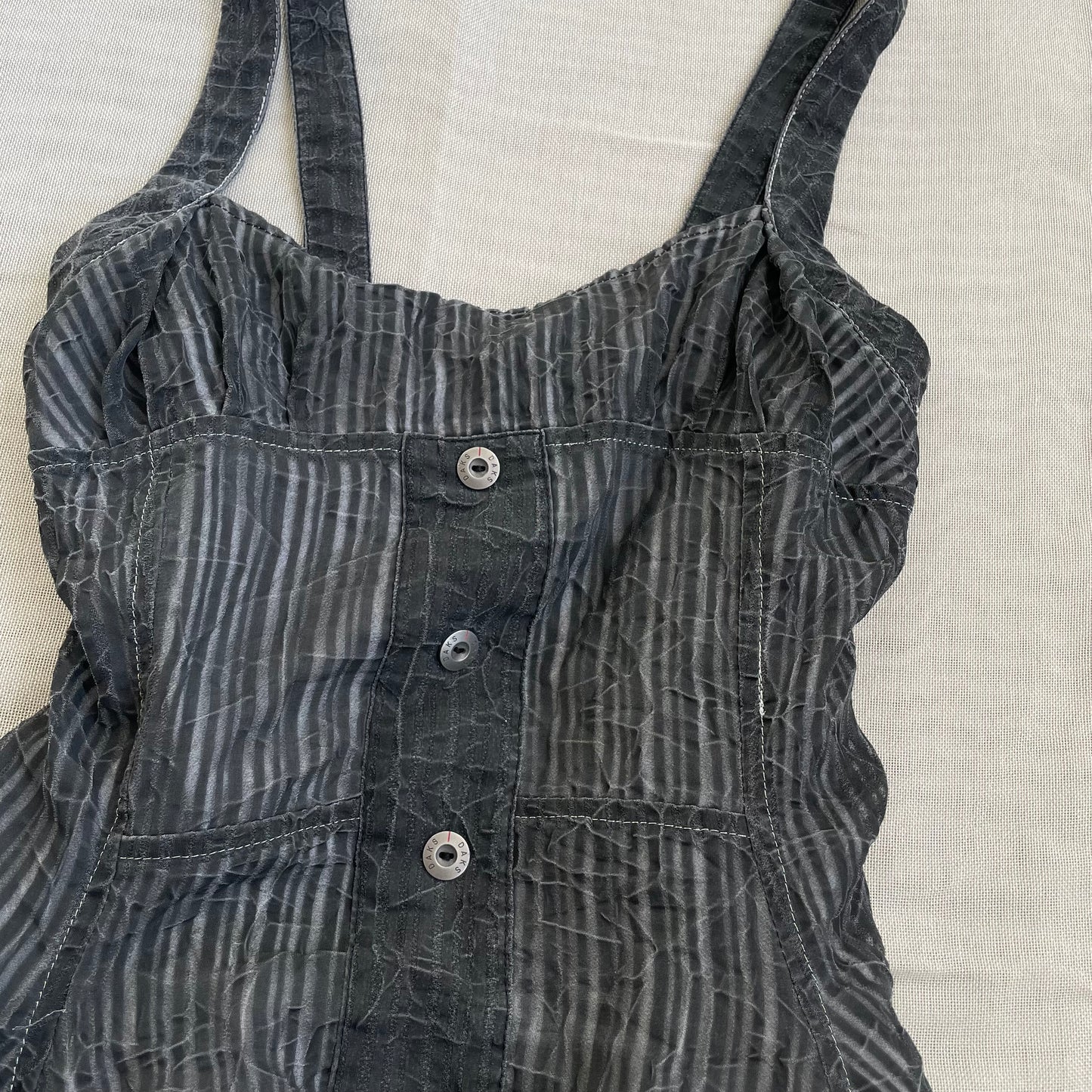 daks grey pinstripe ruched milkmaid bustier ruffle hem top