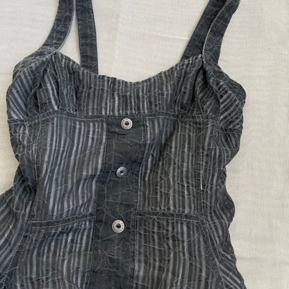 daks grey pinstripe ruched milkmaid bustier ruffle hem top