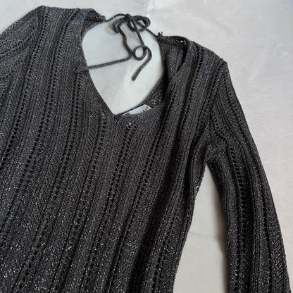 dark purple grey silver voyelles v neck keyhole back long sleeve fishbone knit sweater dress