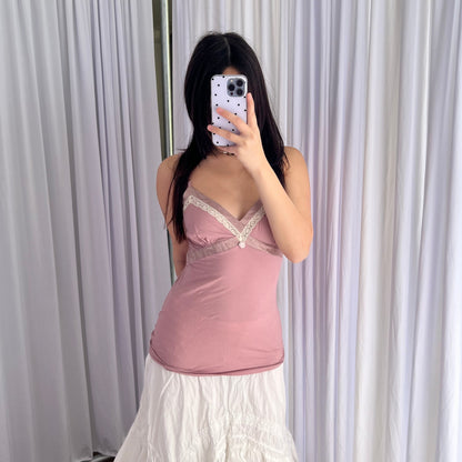 Romantic Twin Set Muted Pink Silk Trim Rosette Bud Lacey Trim Camisole