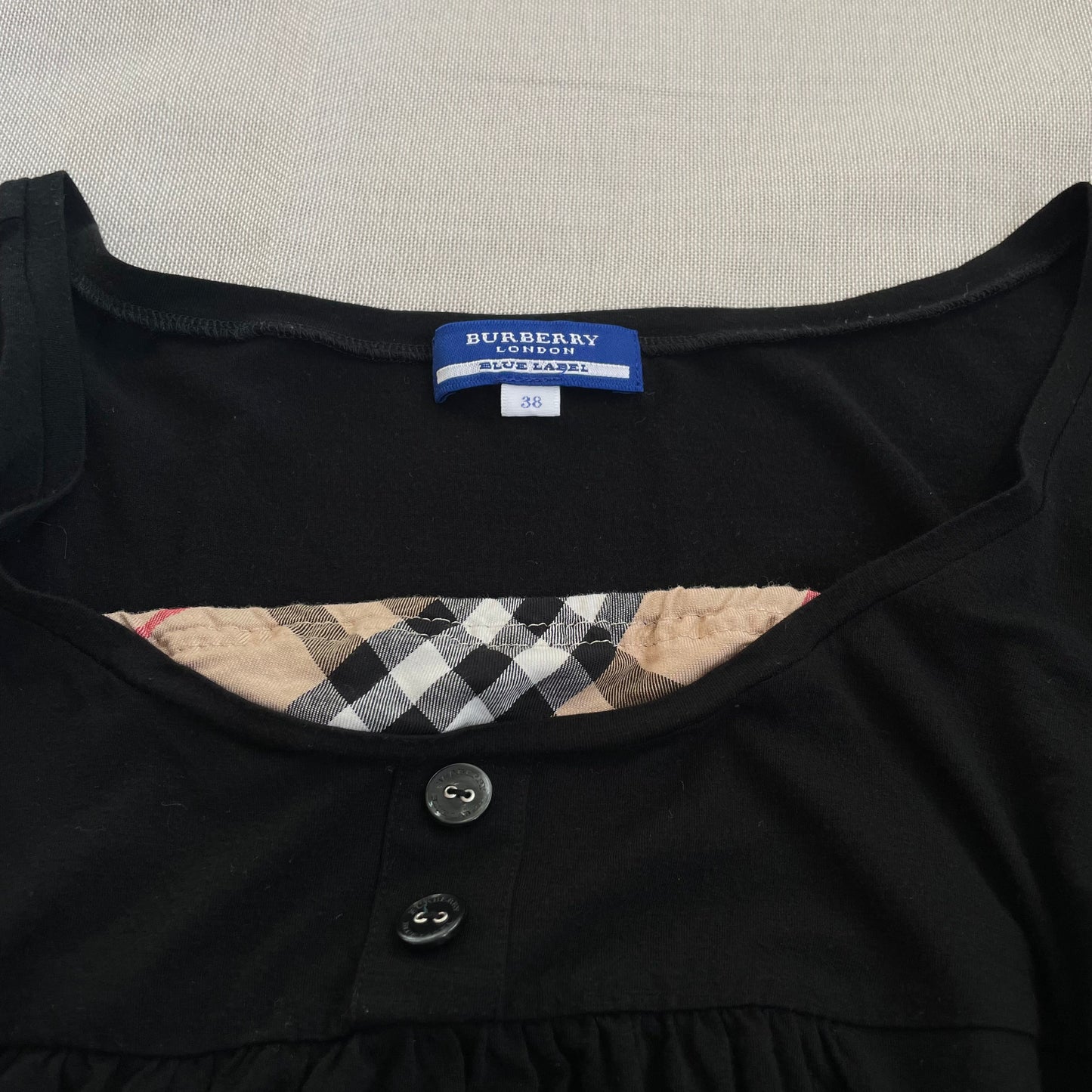 preppy burberry blue label black puff sleeve babydoll nova check milkmaid top