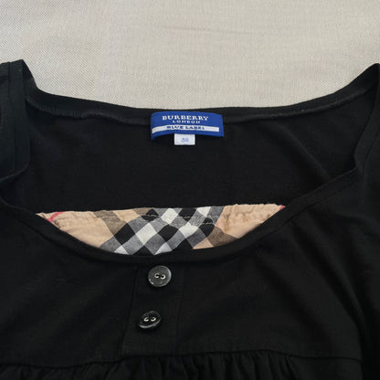 preppy burberry blue label black puff sleeve babydoll nova check milkmaid top