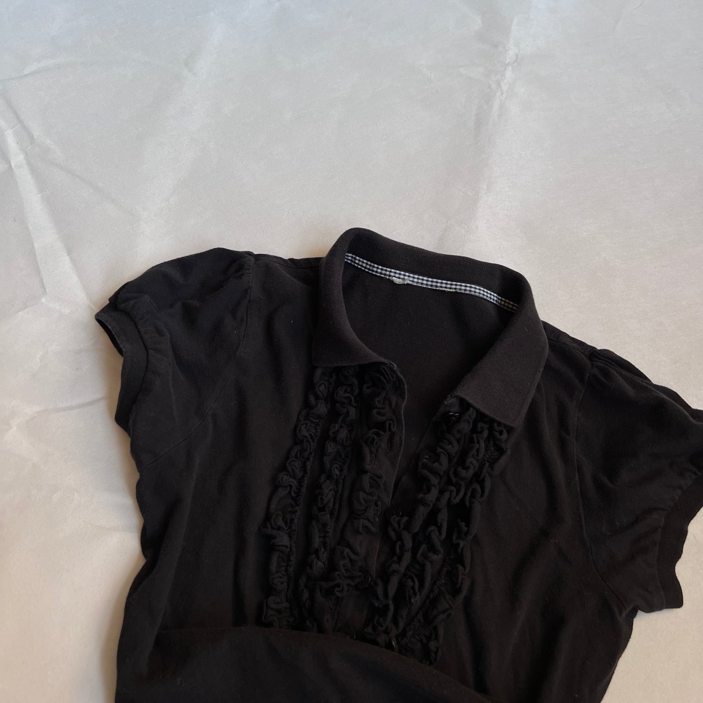 faded black ovs balletcore frilly collared puff sleeve polo shirt