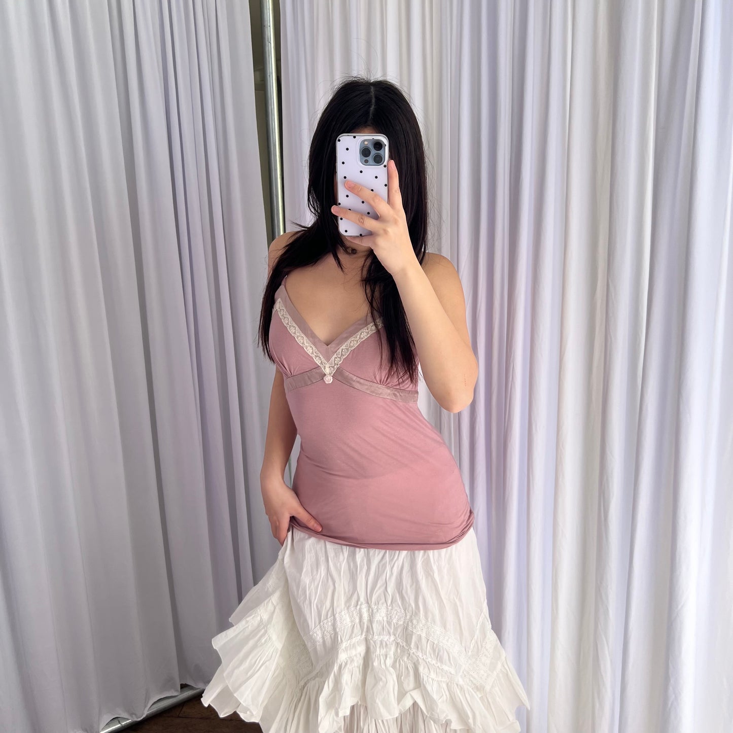 Romantic Twin Set Muted Pink Silk Trim Rosette Bud Lacey Trim Camisole