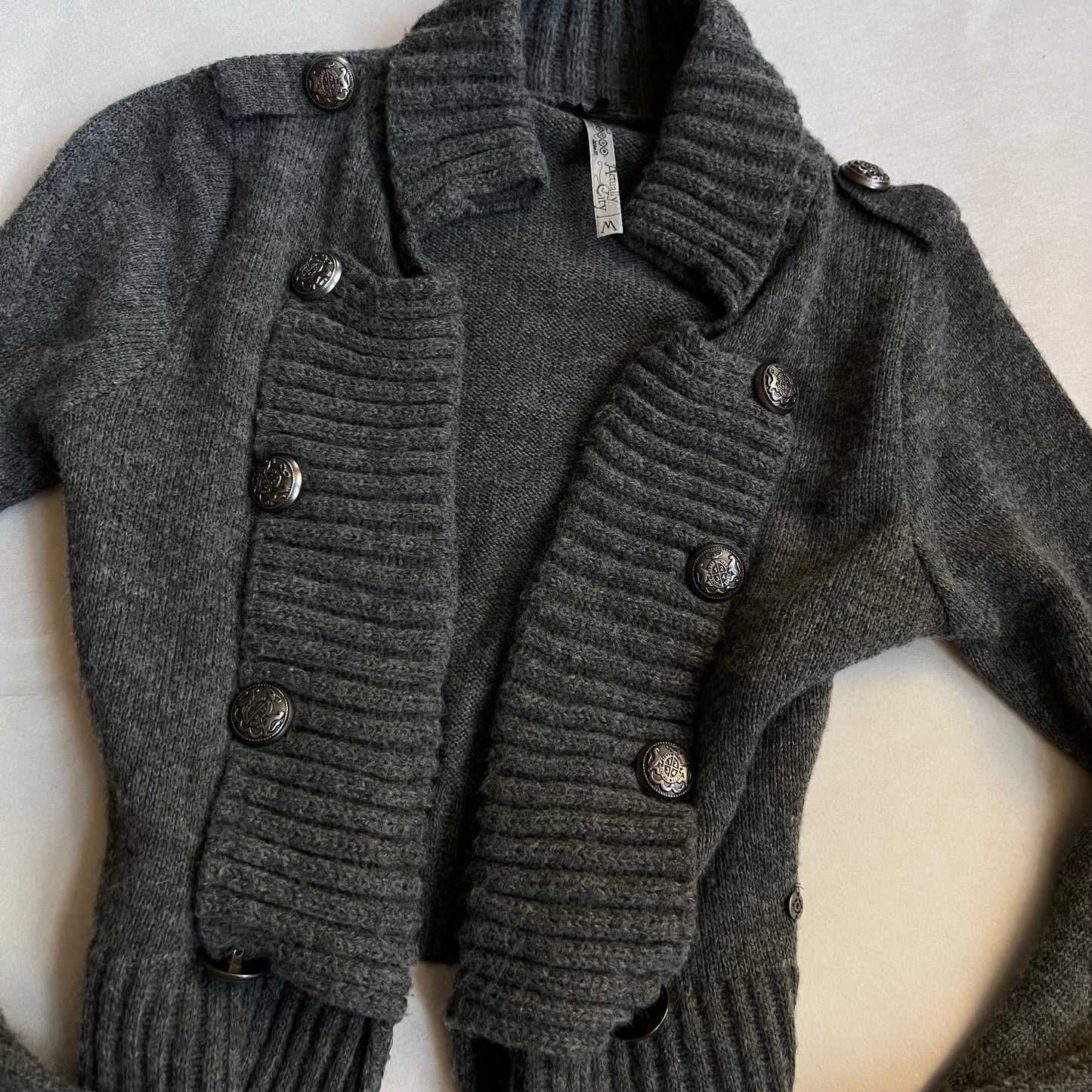 bonobo jeans dark grey collared crop round button open bolero cardigan knit jacket