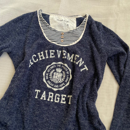 navy x white striped faux layered varsity print top