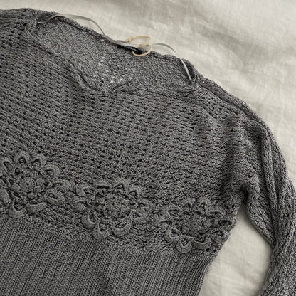 boho eurosummer et compagnie grey blue long sleeve floral crochet knit top