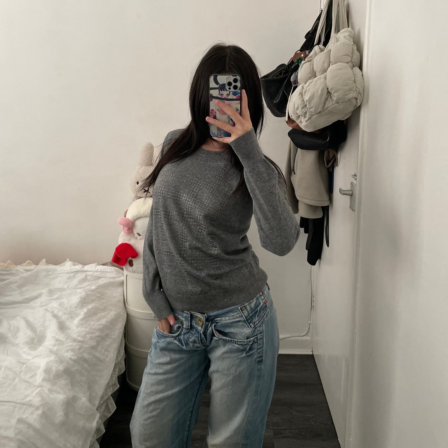 burberry brit grey long sleeve knit grommet detail nova check print jumper