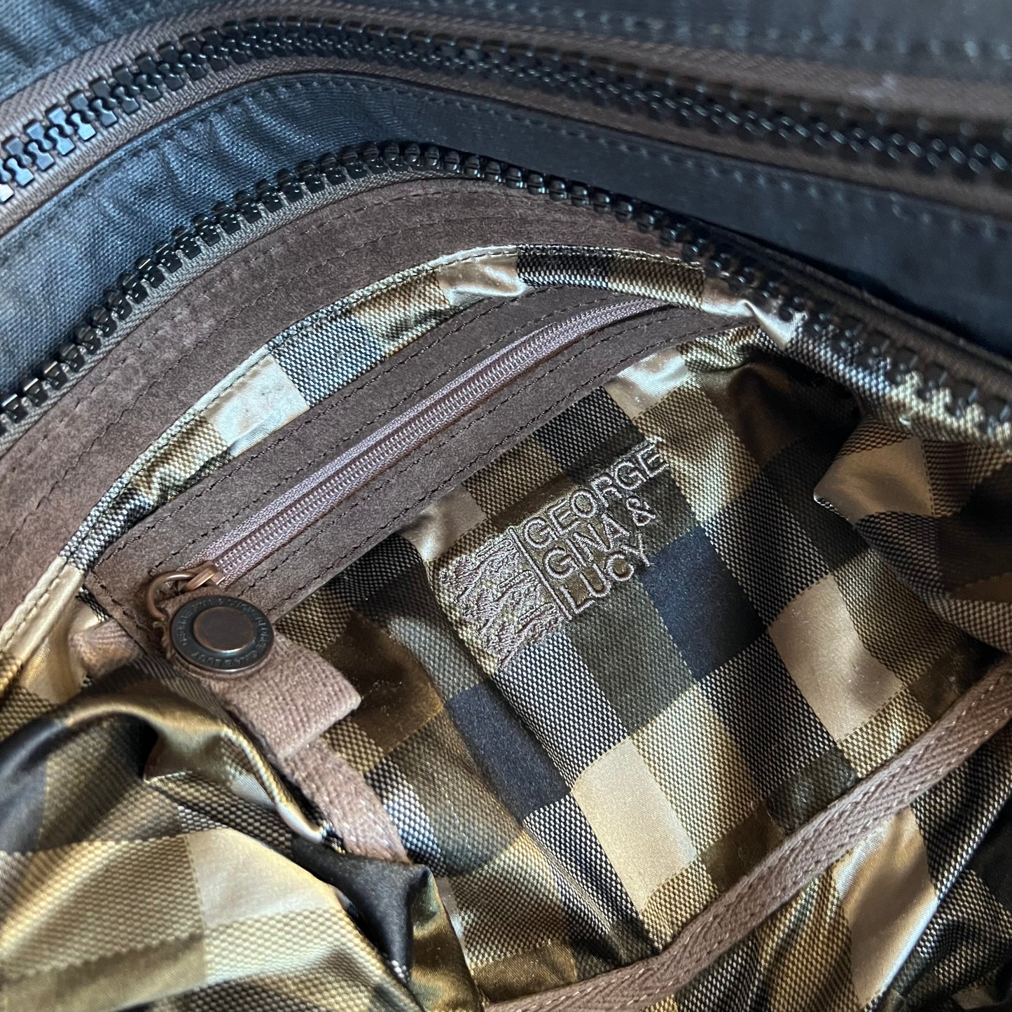 george gina & lucy canvas nuback brown suede buckle straps large tote size shoulder bag