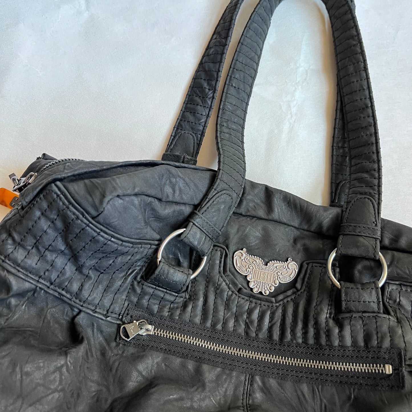 vintage diesel black leather silver wing emblem tote bag
