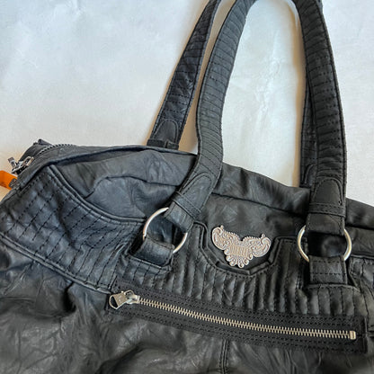 vintage diesel black leather silver wing emblem tote bag