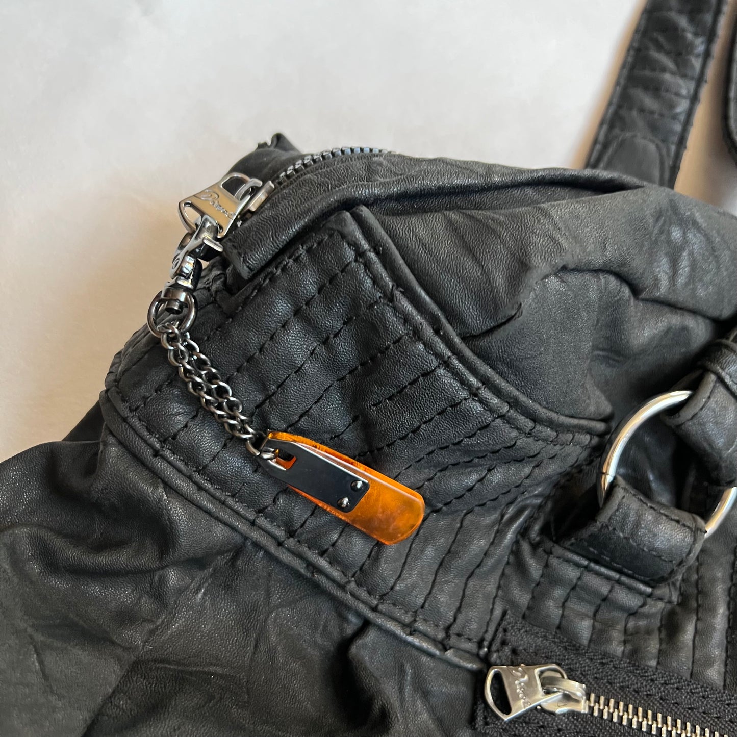 vintage diesel black leather silver wing emblem tote bag