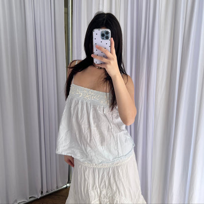 Naf Naf Light Blue Cream Embroidery Trim Square Neck Camisole
