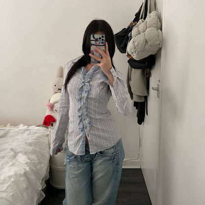 vintage kocca baby blue striped long sleeve blouse with ruffle detail