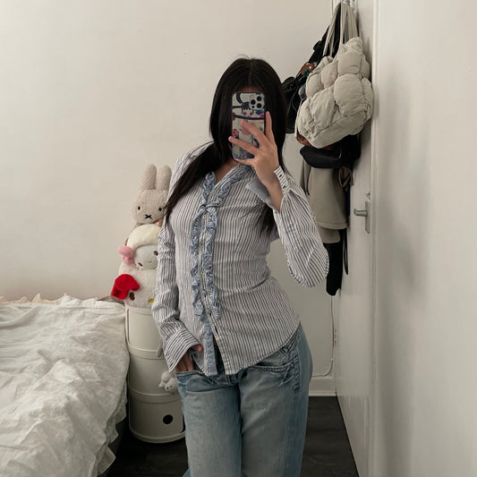 vintage kocca baby blue striped long sleeve blouse with ruffle detail