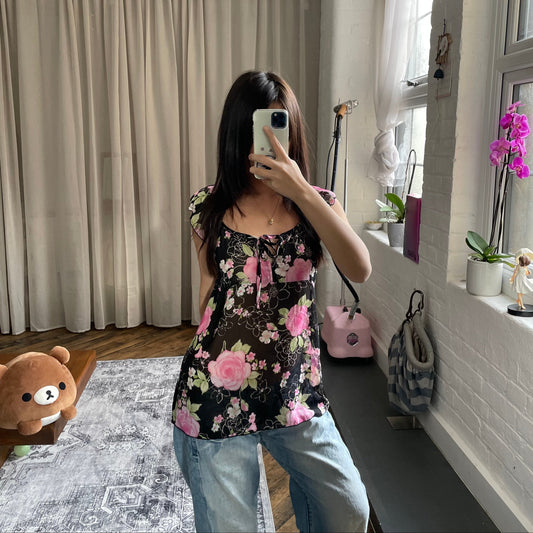 romantic black pink floral short sleeve tunic blouse