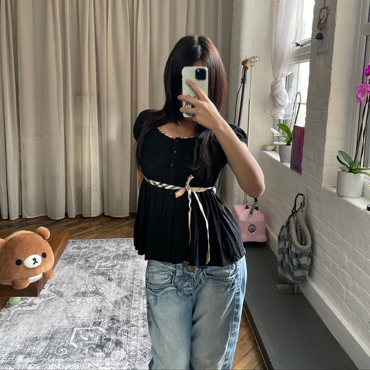 burberry blue label preppy balletcore black puff sleeve babydoll blouson top