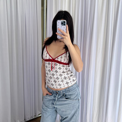 White Red Trim Paisley Mono Print Lace Trim Camisole