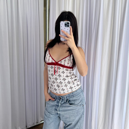 White Red Trim Paisley Mono Print Lace Trim Camisole