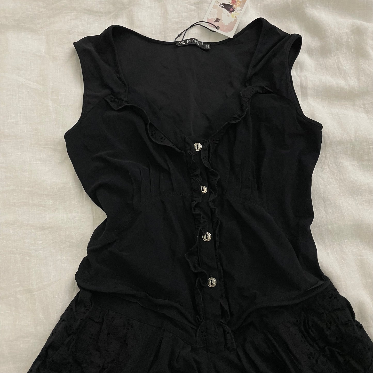 mcplanet black frilly button broderie anglaise midi dress with lacey hem