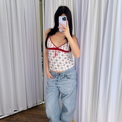 White Red Trim Paisley Mono Print Lace Trim Camisole