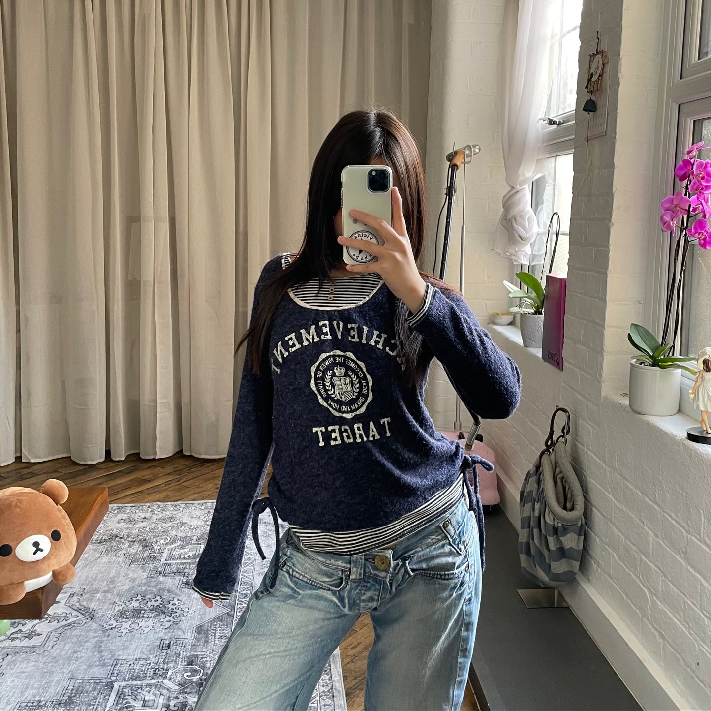 navy x white striped faux layered varsity print top