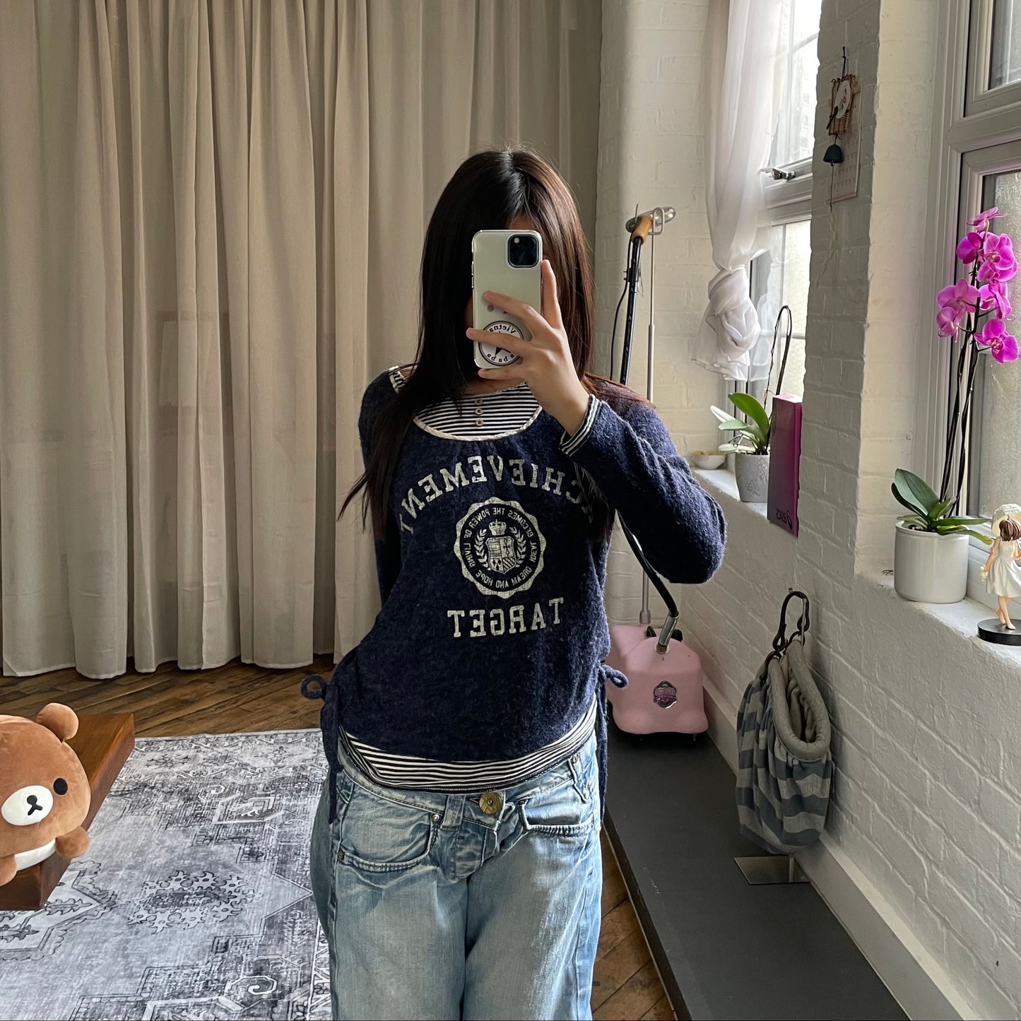 navy x white striped faux layered varsity print top