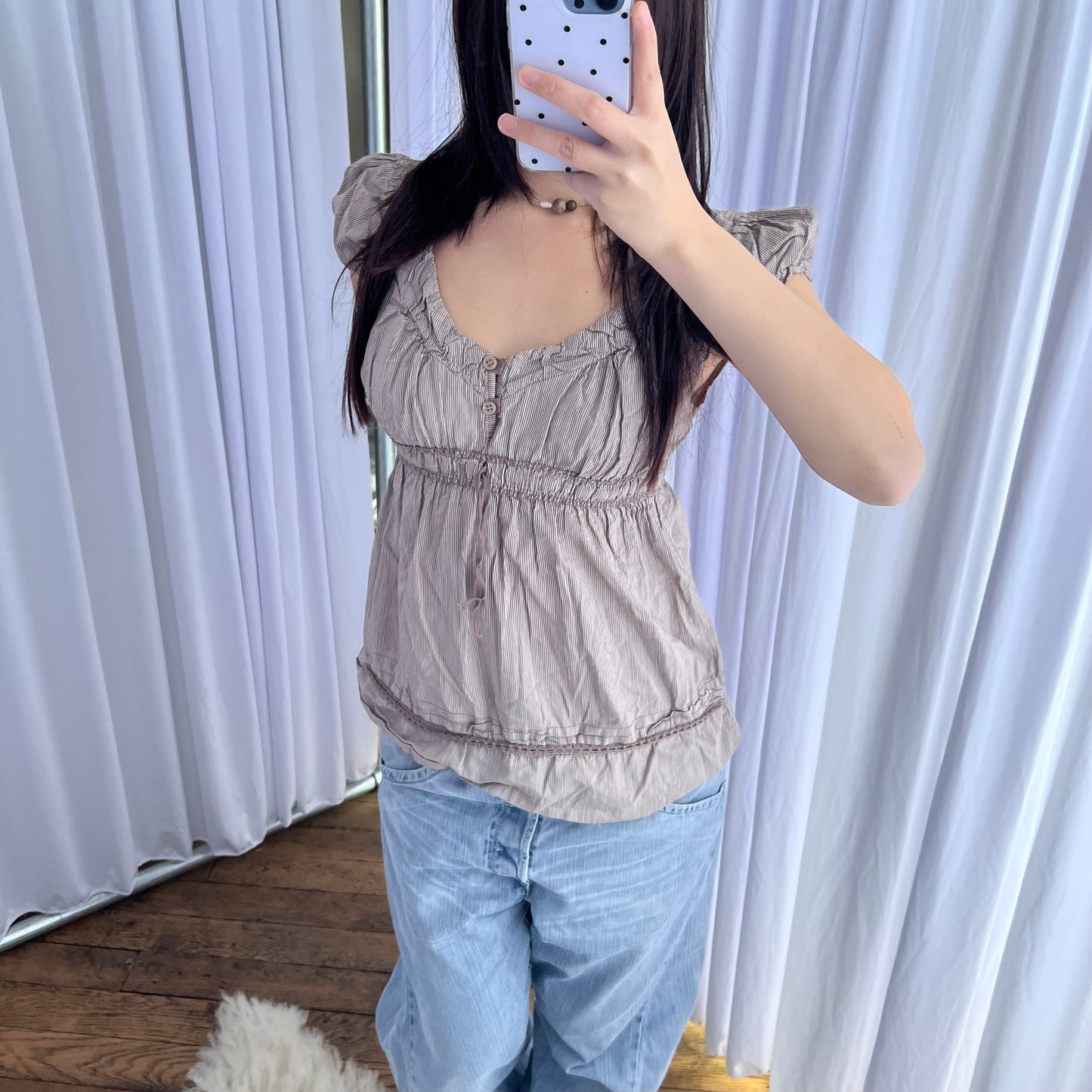 Brown Striped Puff Sleeve Ruched Bust Milkmaid Style Babydoll Blouse
