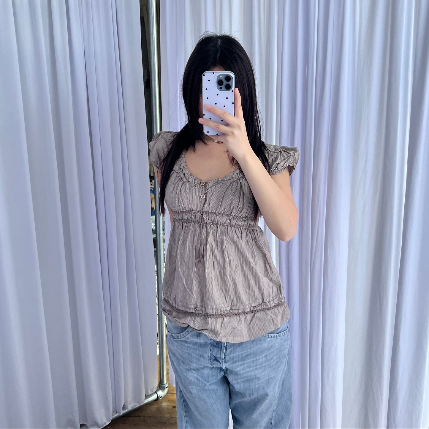 Brown Striped Puff Sleeve Ruched Bust Milkmaid Style Babydoll Blouse