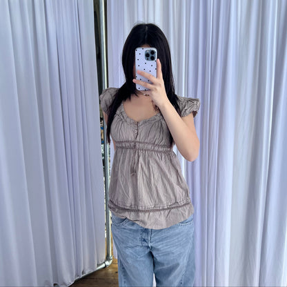 Brown Striped Puff Sleeve Ruched Bust Milkmaid Style Babydoll Blouse