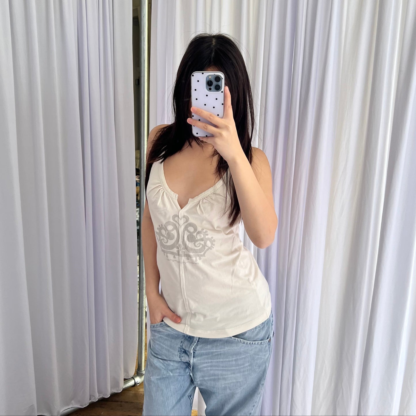 Fornarina Off White Grey Striped Crown Print Ruched Bust Tank Top