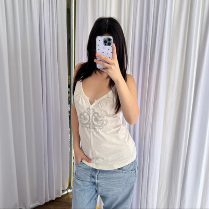 Fornarina Off White Grey Striped Crown Print Ruched Bust Tank Top