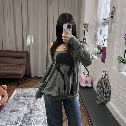 promod khaki graphic print slouchy oversized long sleeve tunic top