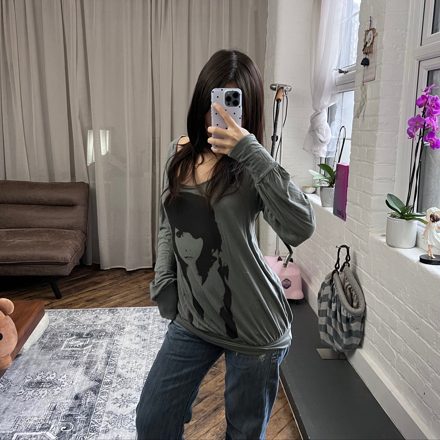 promod khaki graphic print slouchy oversized long sleeve tunic top