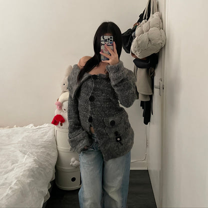zone bleue grey fluffy knit wide collar asymmetric cardigan jacket