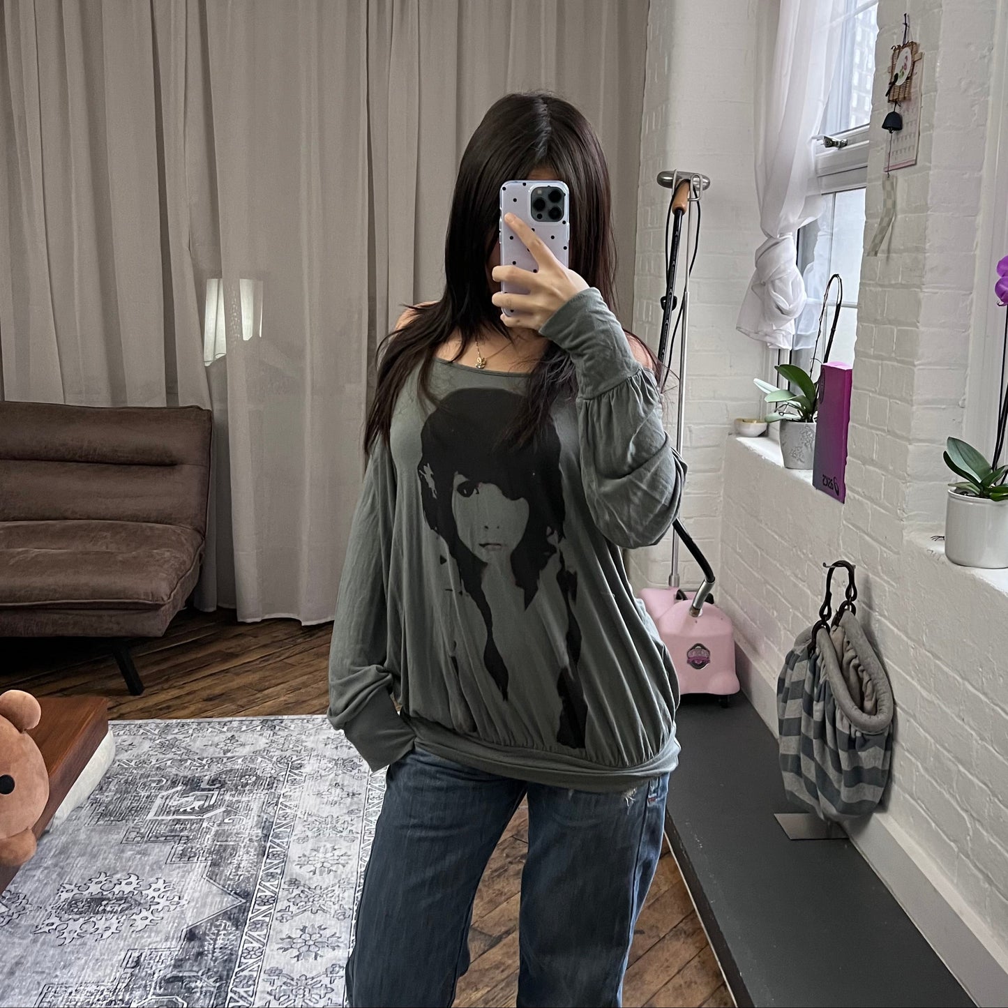 promod khaki graphic print slouchy oversized long sleeve tunic top